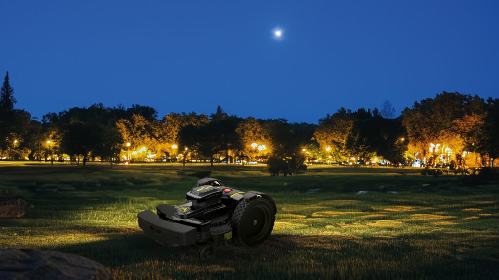 Robotfűnyíró - Parkban éjszaka fűvágás robotfűnyíróval